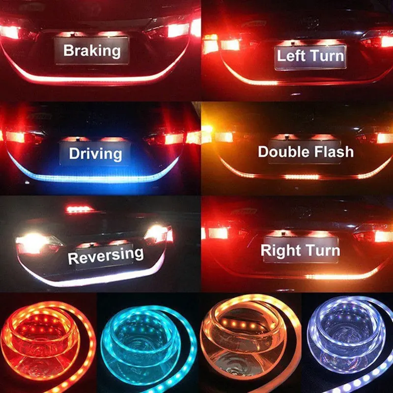 12V Waterproof 36-Led Flow Effect Car Tailgate Strip Light – Brake, Turn Signal & Driving Light (1.2M, 4-Color Cycling) 1