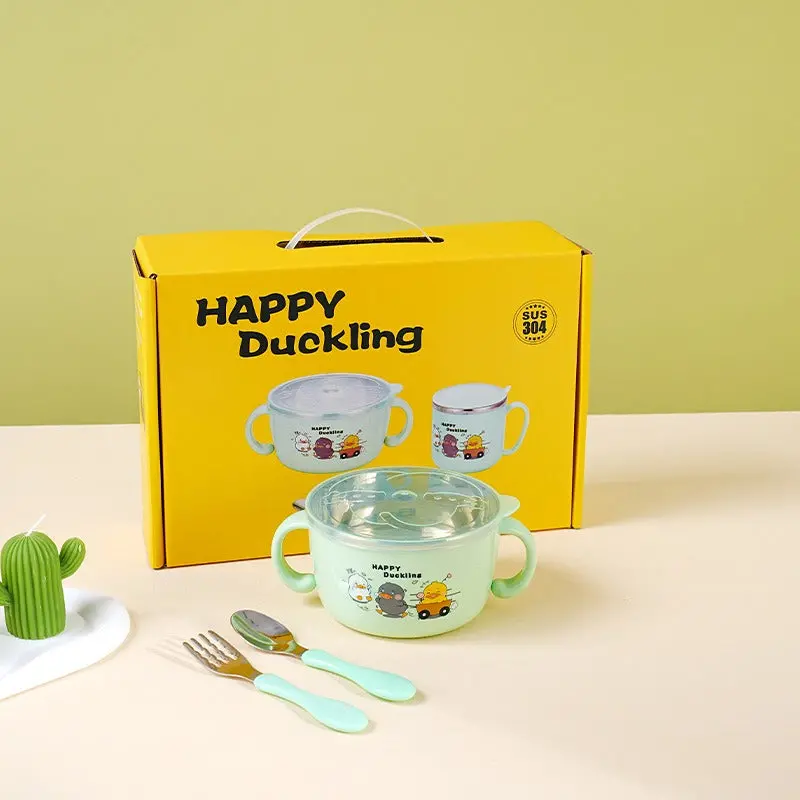 304 Stainless Steel Baby Tableware Set – Includes Food Bowl, Sippy Cup, And Feeding Utensils 1
