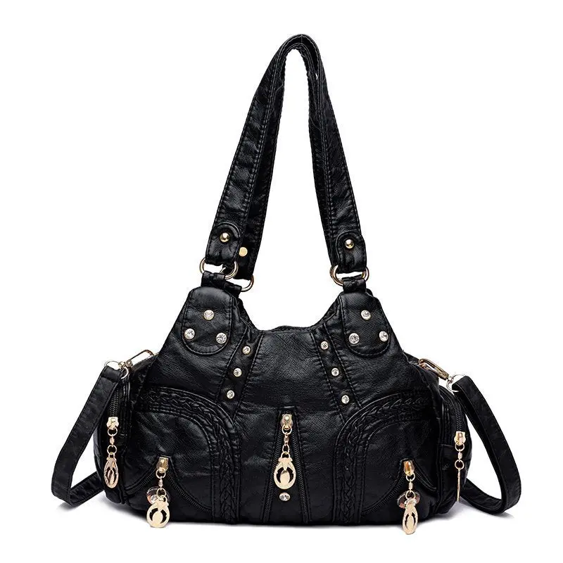 Distressed Washed Mother Bag With Rivet Accents & Crystal Details 1