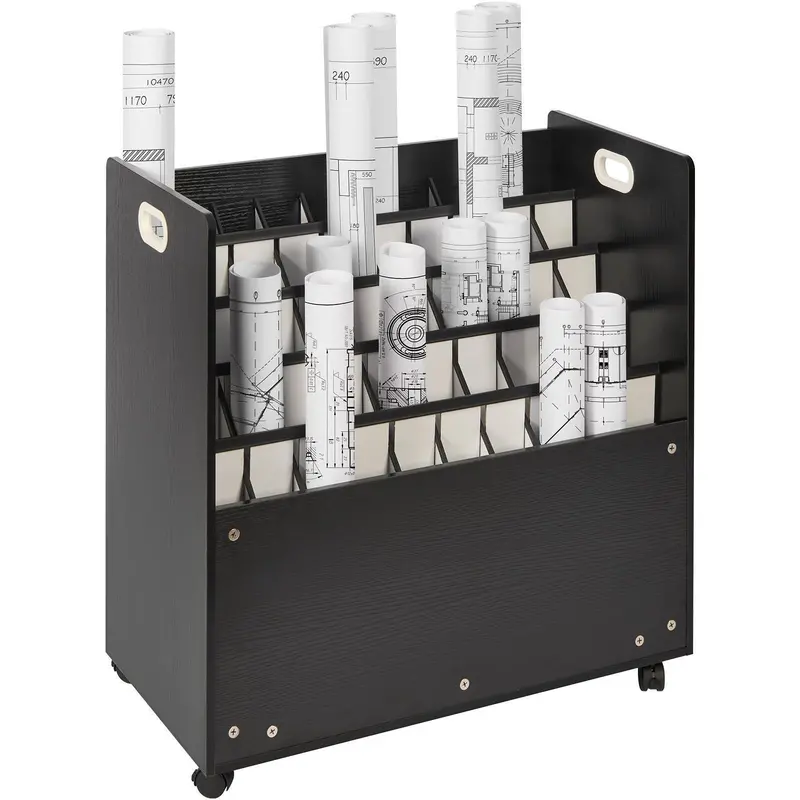 Mobile Blueprint Storage Cart – 50-Slot Wooden Roll File Holder On Casters For Architectural Or Engineering Offices 1