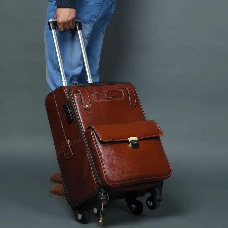 Premium Leather Carry-On Trolley Luggage For Business Travel 1