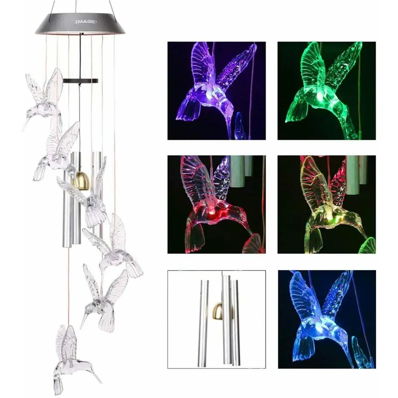 Solar-Powered Color-Changing Hummingbird Wind Chime – Led Outdoor Light & Bell Decor 1