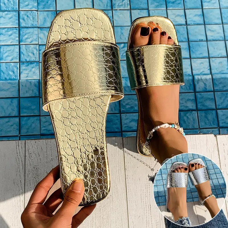 Summer-Friendly Crocodile-Texture Slides With Square Toe And Low-Heel Comfort Fit 1