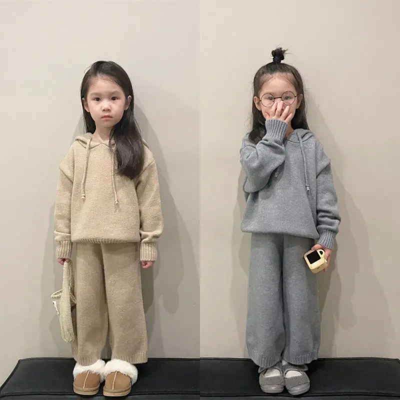 Winter Knit Sweater Two-Piece Set – Hooded Korean-Style Outfit For Boys & Girls 1