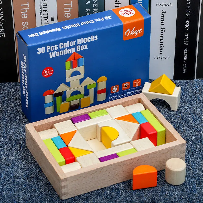 Wooden Building Block Set In Storage Box – Shape Sorting, Stacking & Color Recognition Learning Toy 1