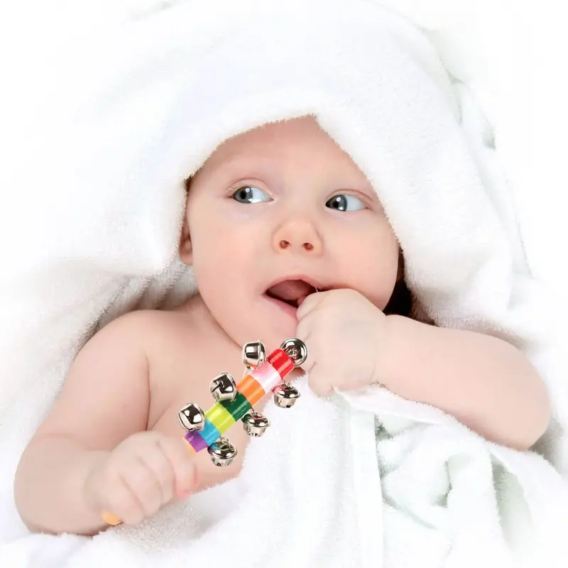 Wooden Rainbow Handbell Rattle – Soft-Grip Infant Pram Toy With Gentle Chime 1