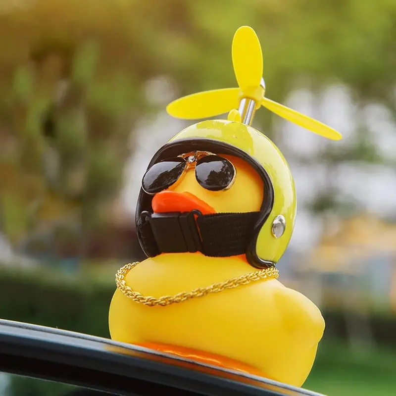 Yellow Duck Car Ornament – Helmeted Miniature Figurine For Bike Or Auto Decor 1