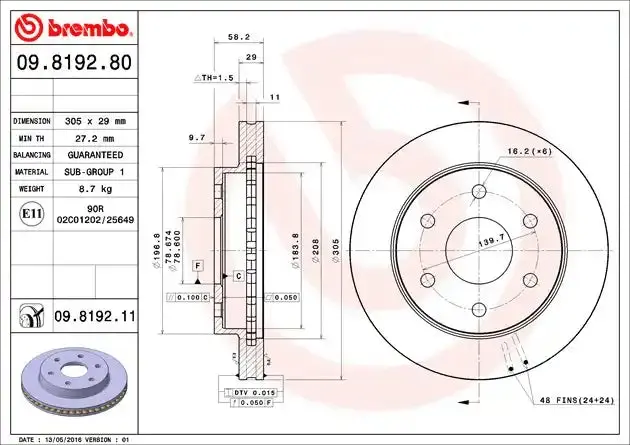 Brembo 09819281C02 High-Performance Drilled Brake Rotor 1
